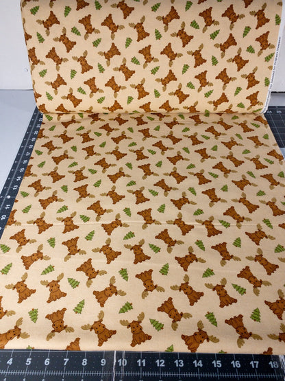 Baby Moose Animal FLANNEL N108744 Tan Beige Christmas Trees - Mary Jo Fabrics