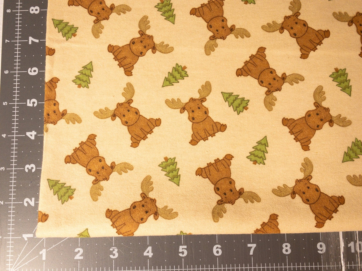 Baby Moose Animal FLANNEL N108744 Tan Beige Christmas Trees - Mary Jo Fabrics