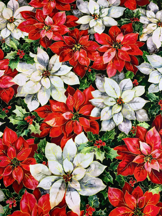 Big White and Red Poinsettia flower fabric Christmas floral fabric - Mary Jo Fabrics