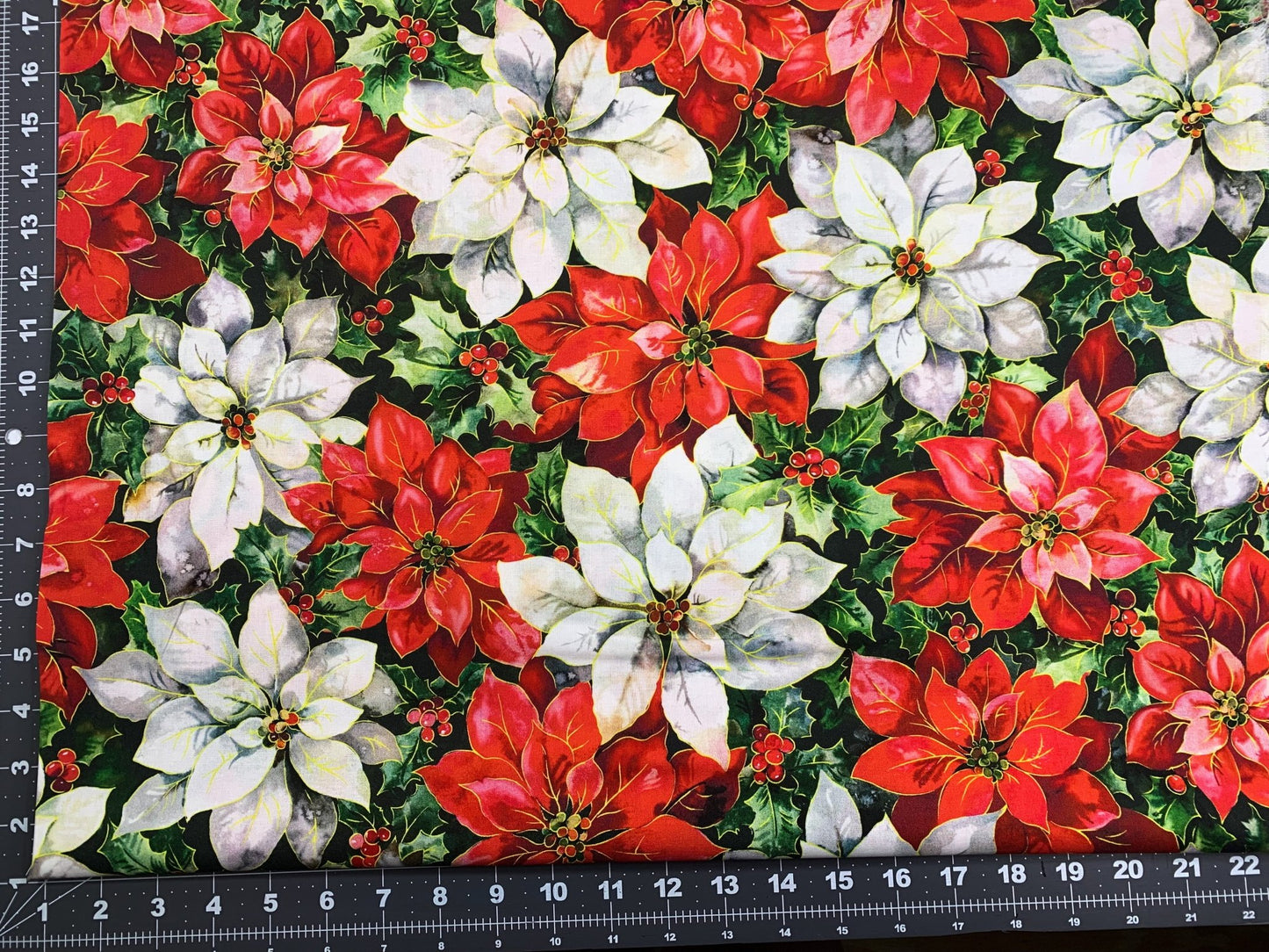 Big White and Red Poinsettia flower fabric Christmas floral fabric - Mary Jo Fabrics