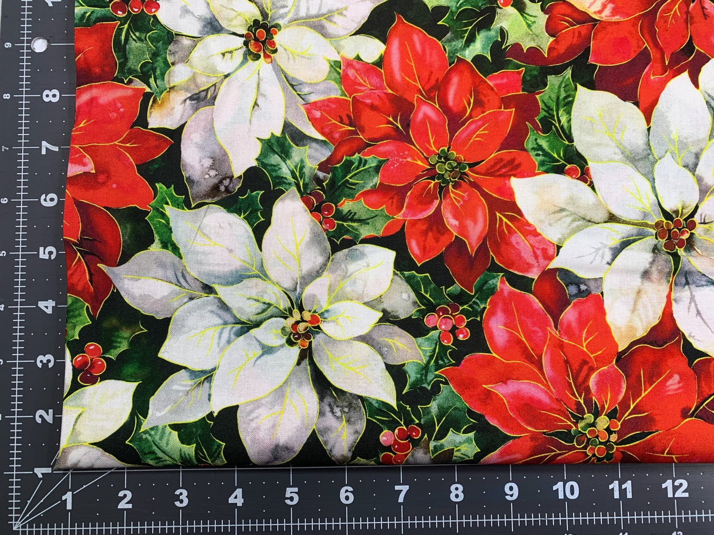 Big White and Red Poinsettia flower fabric Christmas floral fabric - Mary Jo Fabrics