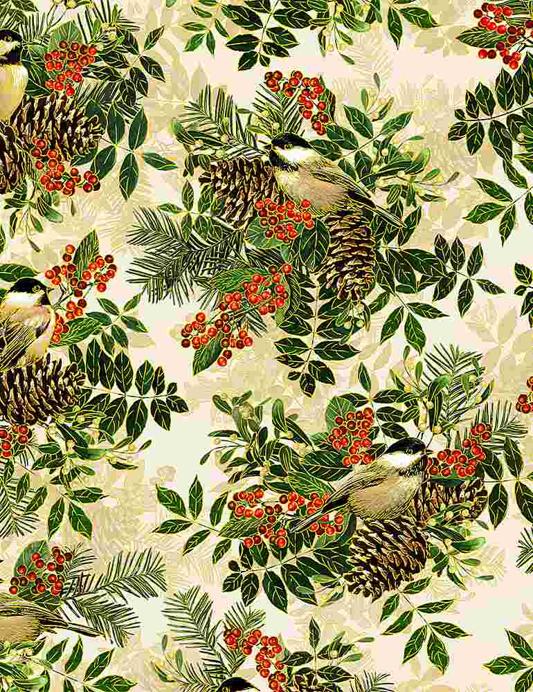 Birds on pine cone bouquet CM8514 Holiday fabric - Mary Jo Fabrics