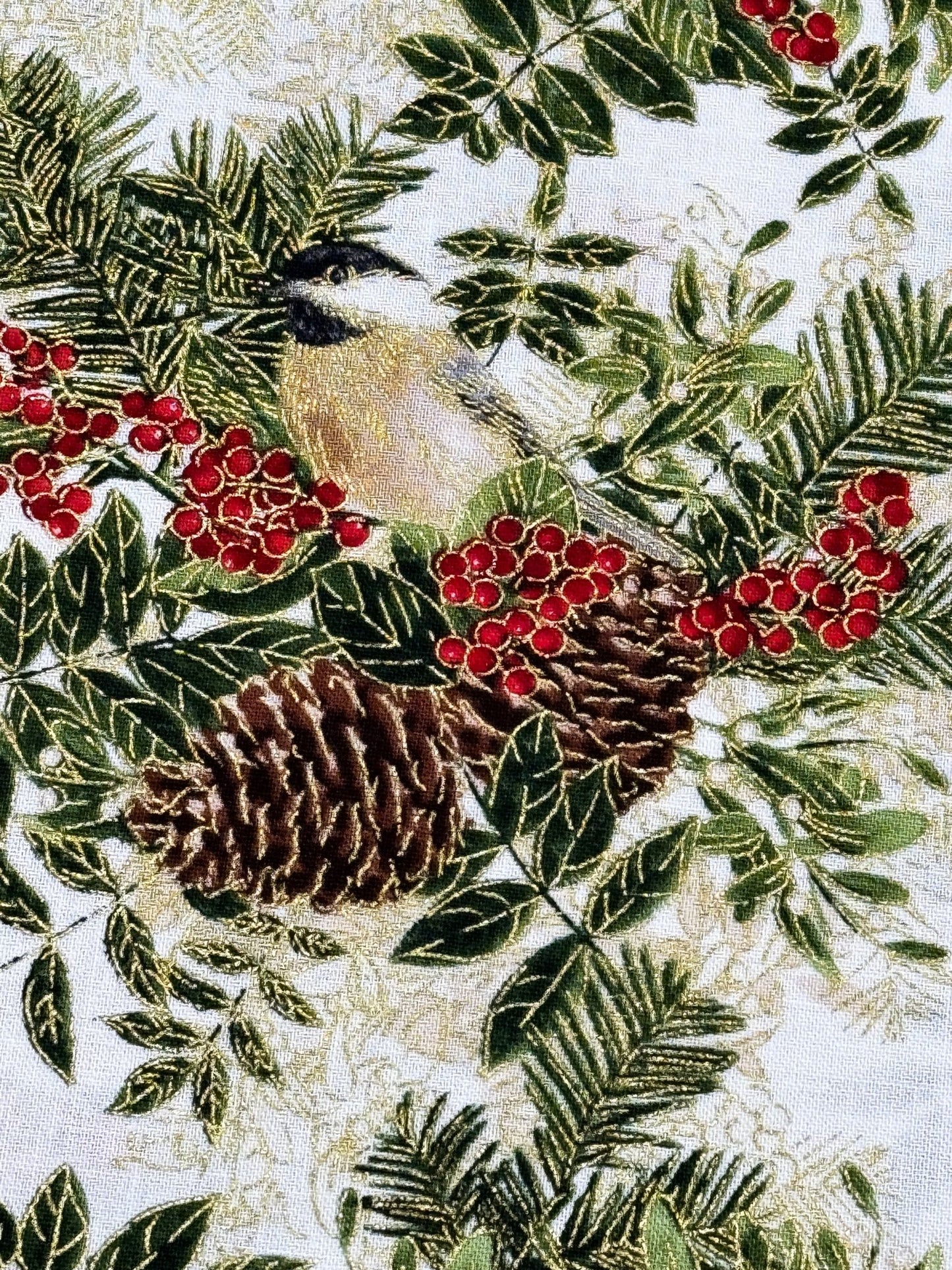 Birds on pine cone bouquet CM8514 Holiday fabric - Mary Jo Fabrics