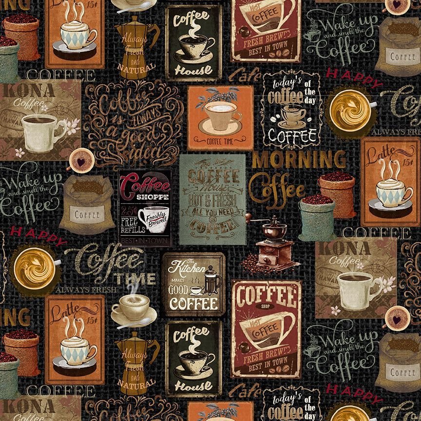 Black Collage Coffee Fabric CD3421 Good Coffee Time - Mary Jo Fabrics