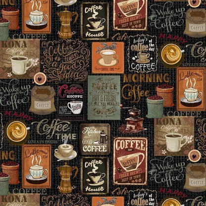 Black Collage Coffee Fabric CD3421 Good Coffee Time - Mary Jo Fabrics