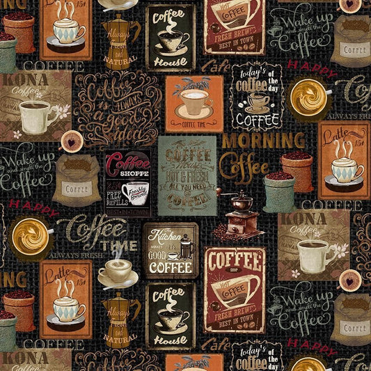 Black Collage Coffee Fabric CD3421 Good Coffee Time - Mary Jo Fabrics