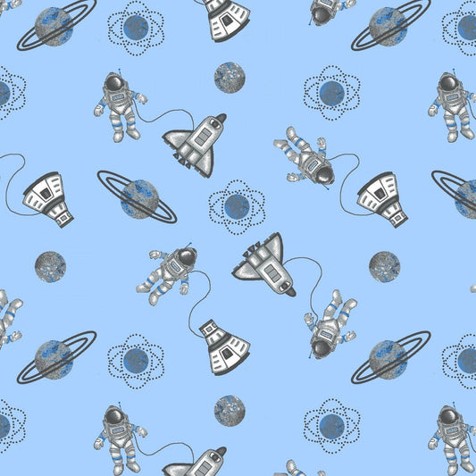 Blue Astronauts Cotton Flannel 1047 - 11 Space Shuttle - Mary Jo Fabrics