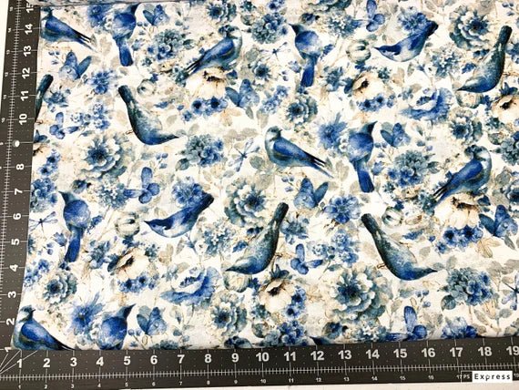 Blue birds cotton fabric LA - 0002 - 7C Blue Bird floral fabric - Mary Jo Fabrics