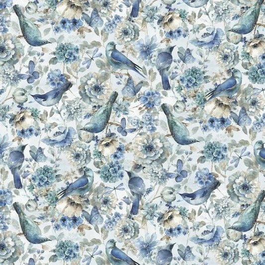 Blue birds cotton fabric LA - 0002 - 7C Blue Bird floral fabric - Mary Jo Fabrics