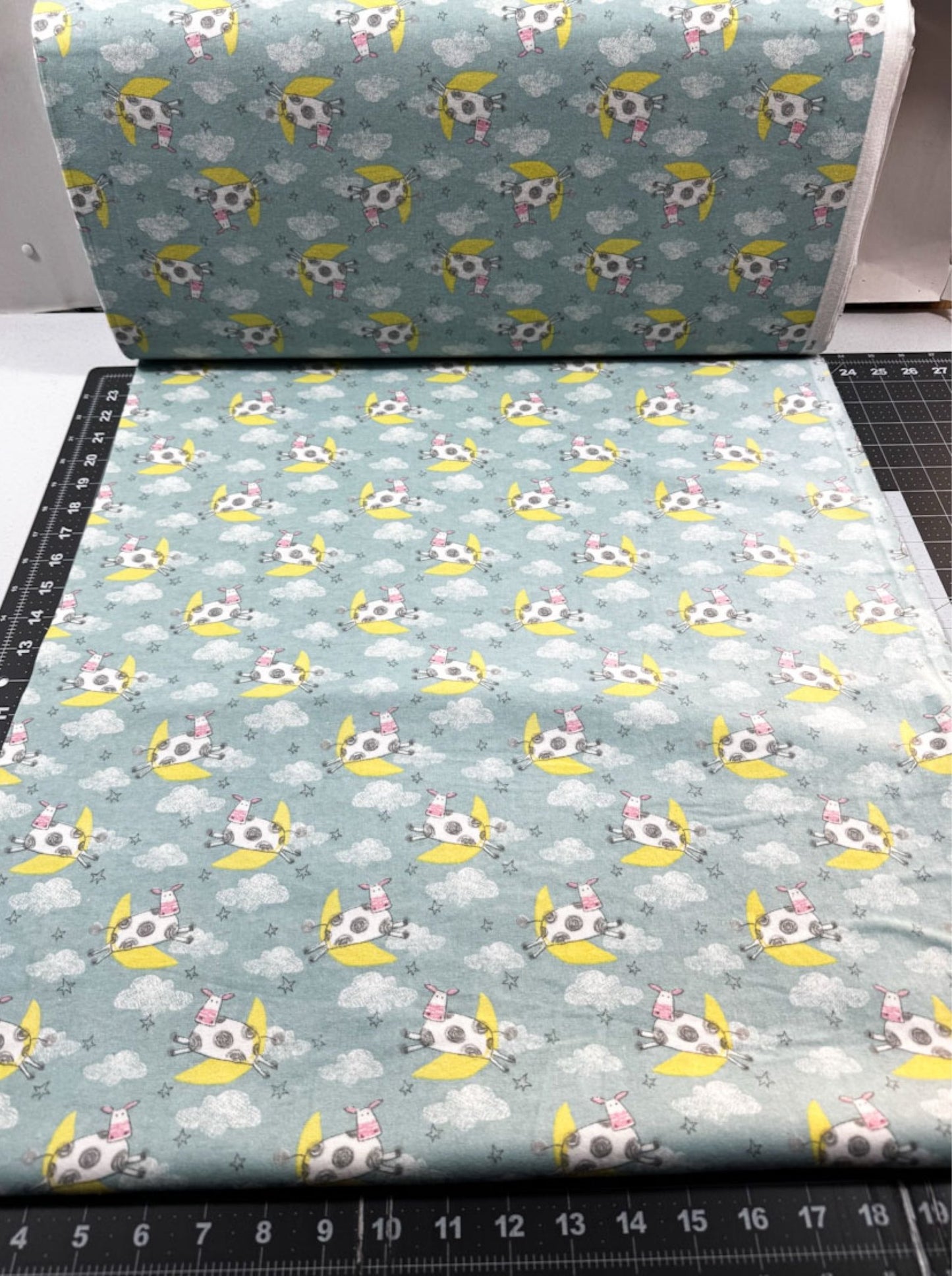 Blue Cow Jumping over the Moon FLANNEL 13877 Nursery - Mary Jo Fabrics