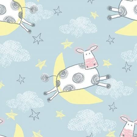 Blue Cow Jumping over the Moon FLANNEL 13877 Nursery - Mary Jo Fabrics