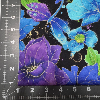 Blue Dragonfly Floral fabric 1976 - 7383 Flower fabric Gold Metallic - Mary Jo Fabrics