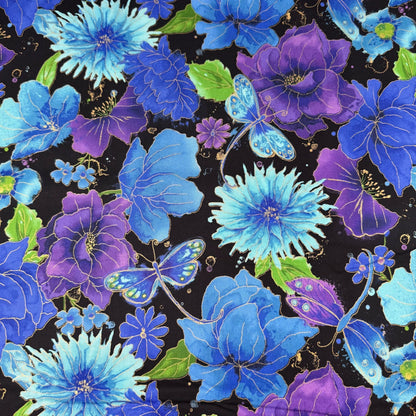 Blue Dragonfly Floral fabric 1976 - 7383 Flower fabric Gold Metallic - Mary Jo Fabrics