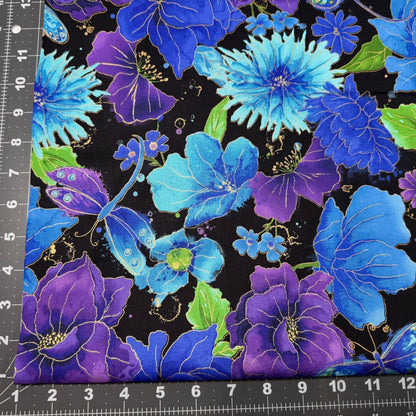 Blue Dragonfly Floral fabric 1976 - 7383 Flower fabric Gold Metallic - Mary Jo Fabrics