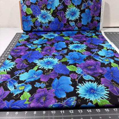 Blue Dragonfly Floral fabric 1976 - 7383 Flower fabric Gold Metallic - Mary Jo Fabrics