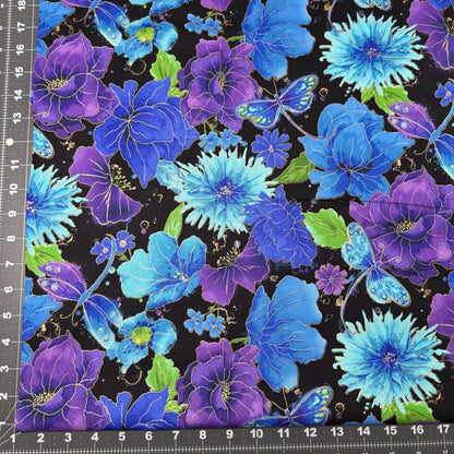 Blue Dragonfly Floral fabric 1976 - 7383 Flower fabric Gold Metallic - Mary Jo Fabrics