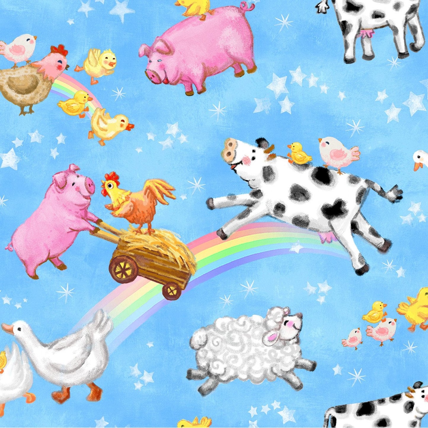 Blue Farm Animal Fabric 59 - 8501 Cow Over Rainbow - Mary Jo Fabrics