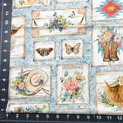 Blue Highland Ranch Fabric 81429 Highland Cow Fabric - Mary Jo Fabrics