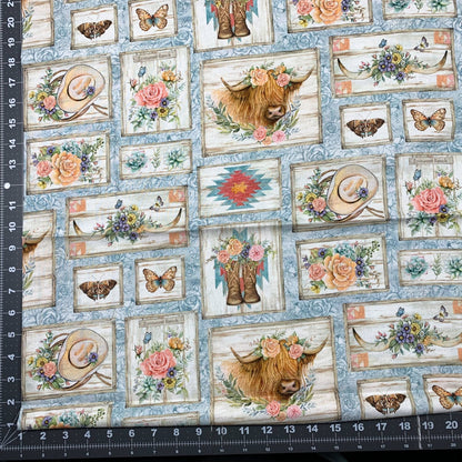 Blue Highland Ranch Fabric 81429 Highland Cow Fabric - Mary Jo Fabrics