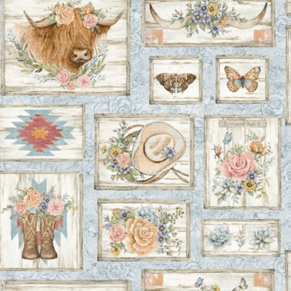 Blue Highland Ranch Fabric 81429 Highland Cow Fabric - Mary Jo Fabrics