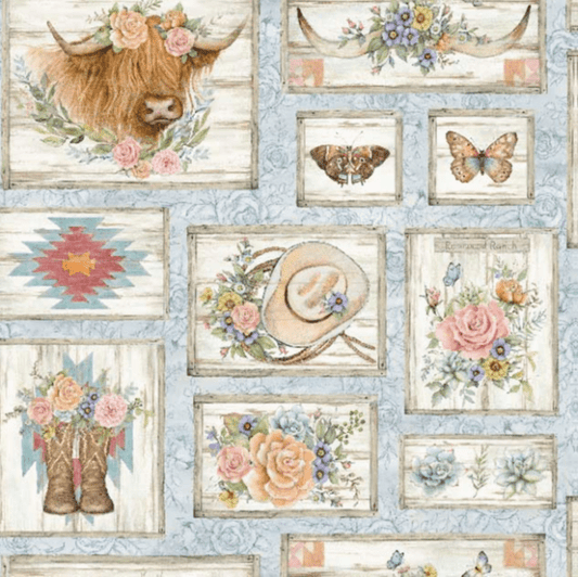 Blue Highland Ranch Fabric 81429 Highland Cow Fabric - Mary Jo Fabrics