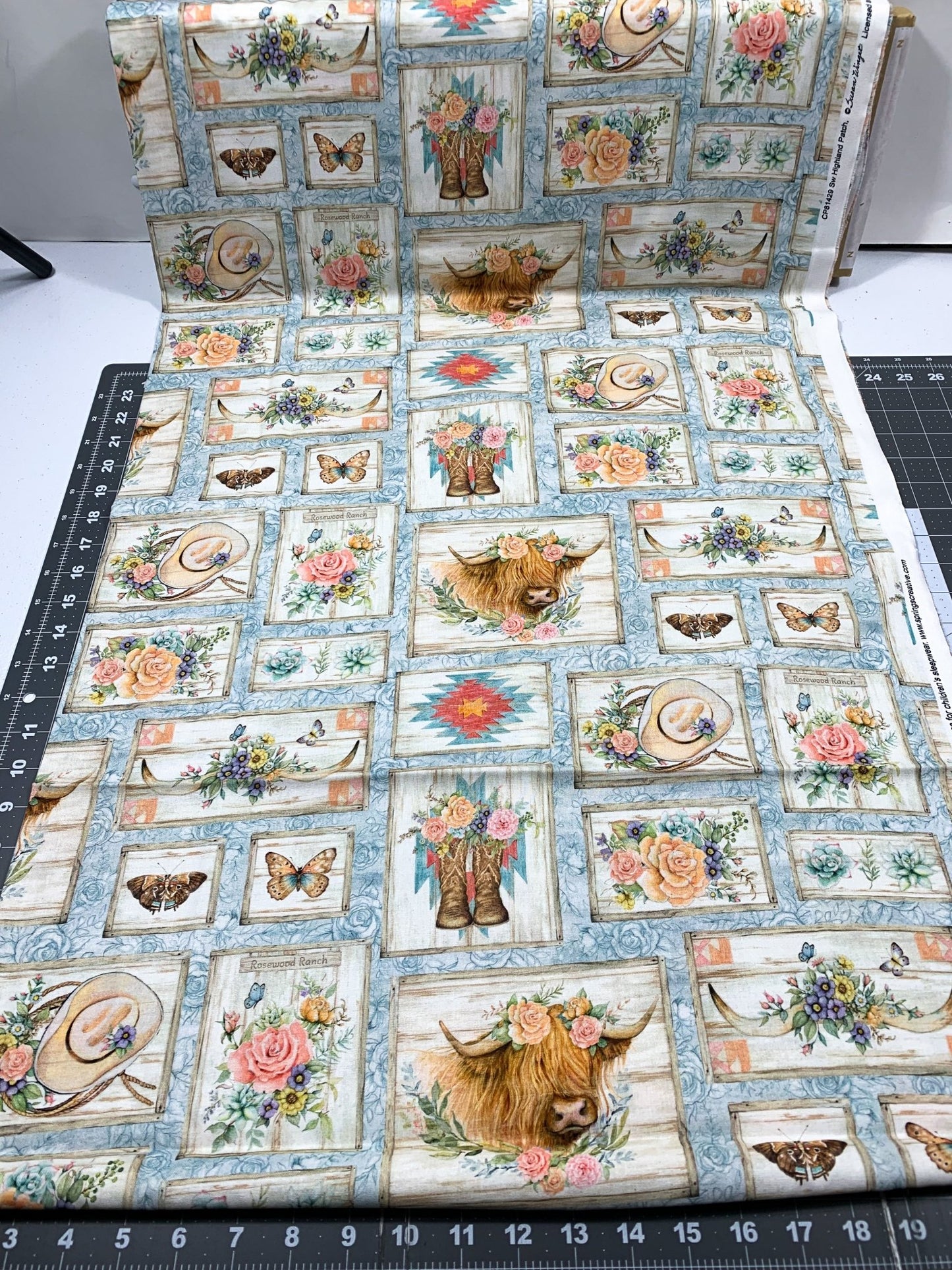 Blue Highland Ranch Fabric 81429 Highland Cow Fabric - Mary Jo Fabrics