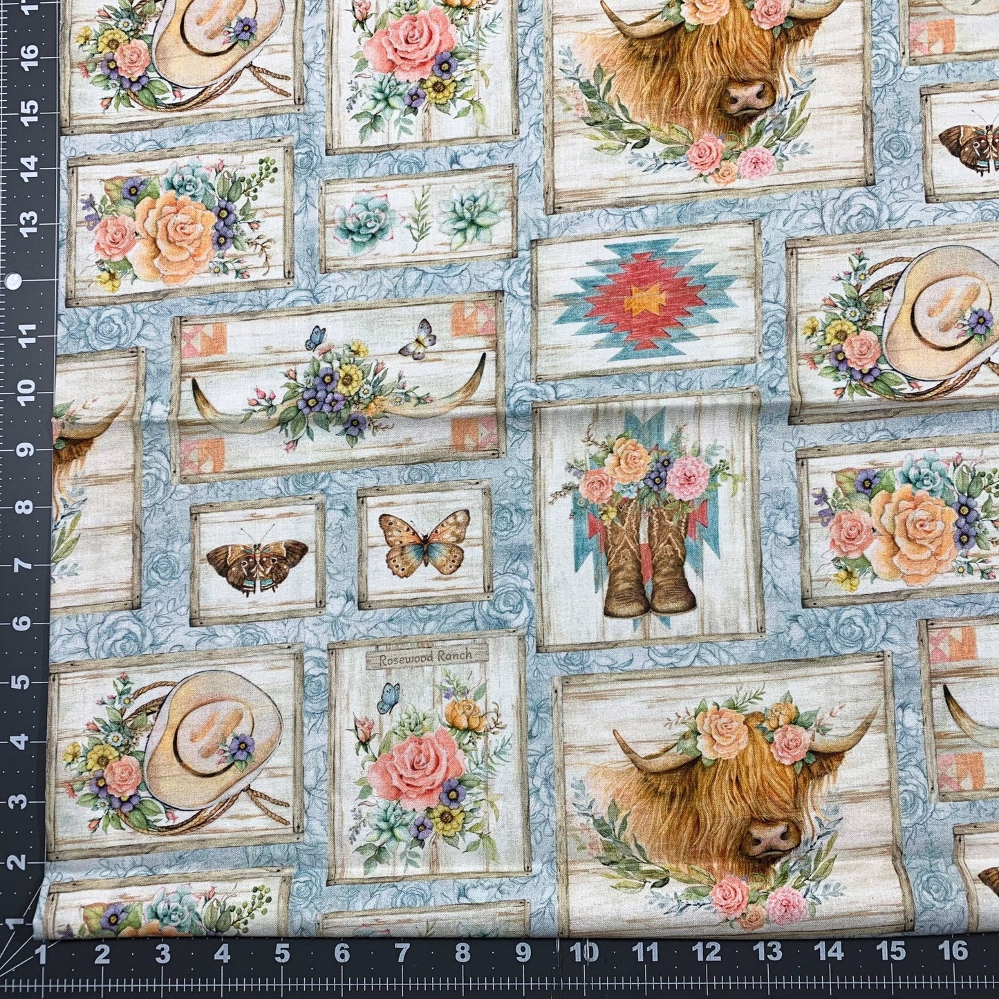 Blue Highland Ranch Fabric 81429 Highland Cow Fabric - Mary Jo Fabrics