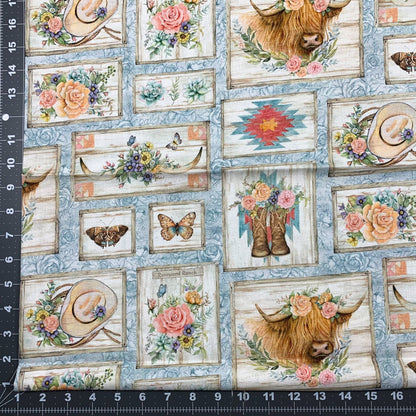 Blue Highland Ranch Fabric 81429 Highland Cow Fabric - Mary Jo Fabrics