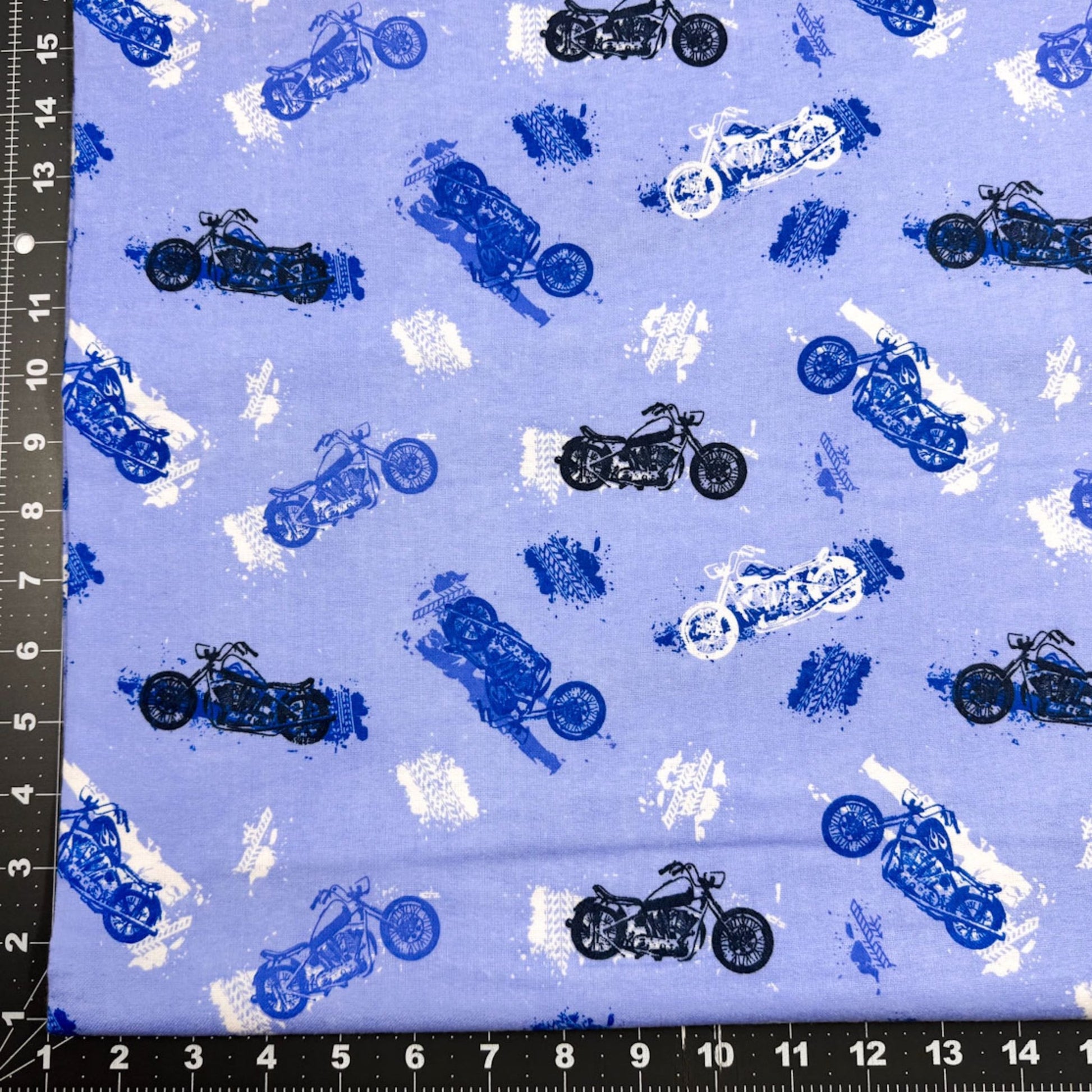 Blue Motorcycle FLANNEL Fabric 0993 - 11 Motorbike - Mary Jo Fabrics