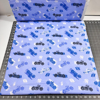 Blue Motorcycle FLANNEL Fabric 0993 - 11 Motorbike - Mary Jo Fabrics
