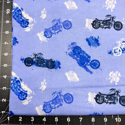 Blue Motorcycle FLANNEL Fabric 0993 - 11 Motorbike - Mary Jo Fabrics