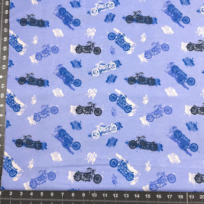 Blue Motorcycle FLANNEL Fabric 0993 - 11 Motorbike - Mary Jo Fabrics