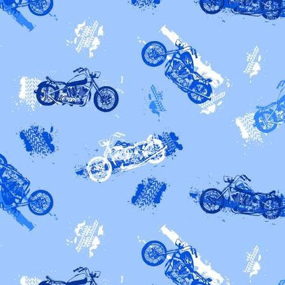Blue Motorcycle FLANNEL Fabric 0993 - 11 Motorbike - Mary Jo Fabrics