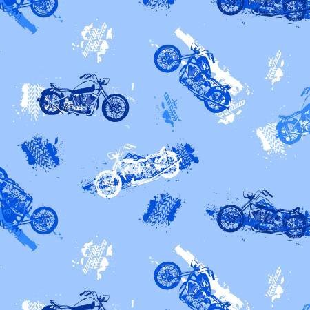 Blue Motorcycle FLANNEL Fabric 0993 - 11 Motorbike - Mary Jo Fabrics