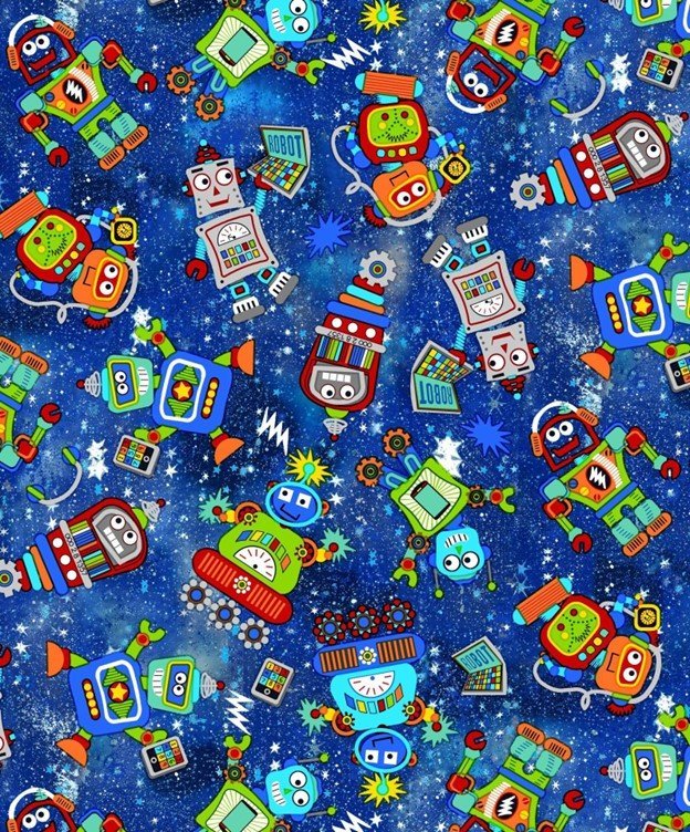 Blue Robots in Space Cotton FLANNEL Fabric Cute Robot fabric - Mary Jo Fabrics