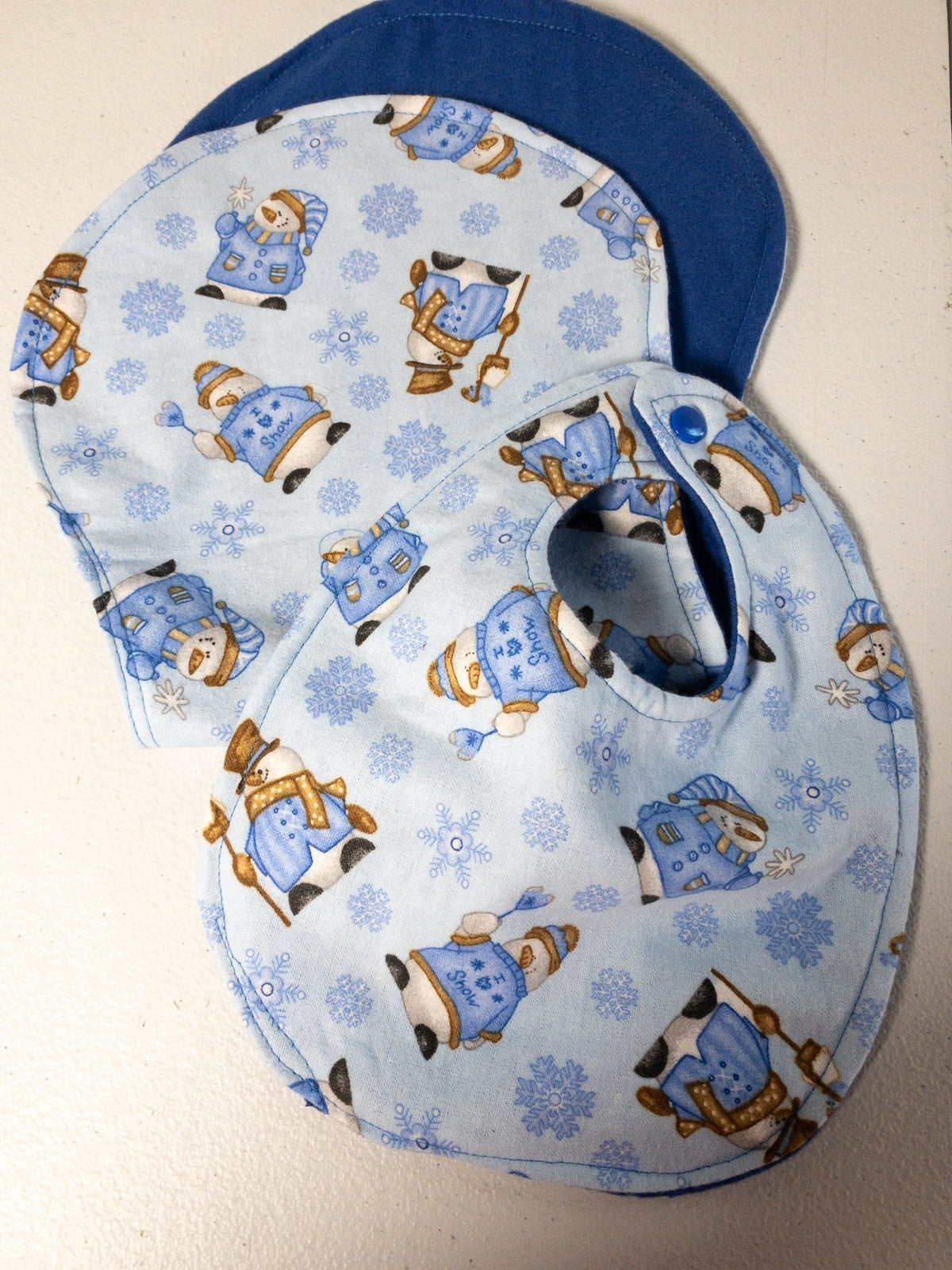 Blue Snowman Baby Bib Burp Cloth Wood Teething Toy - Mary Jo Fabrics