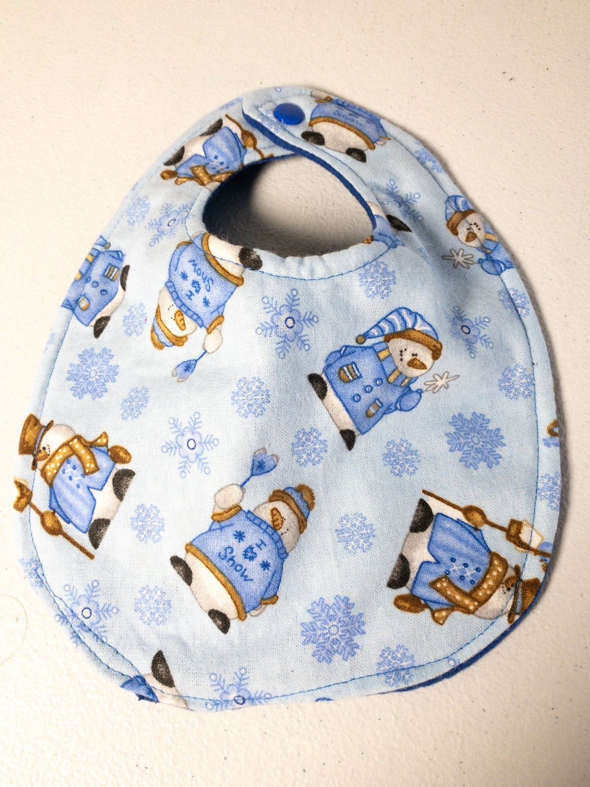 Blue Snowman Baby Bib Burp Cloth Wood Teething Toy - Mary Jo Fabrics