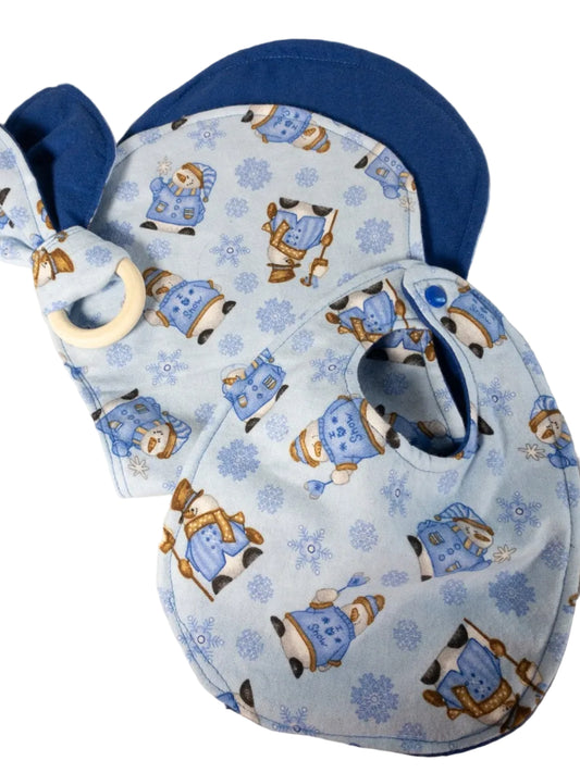 Blue Snowman Baby Bib Burp Cloth Wood Teething Toy - Mary Jo Fabrics