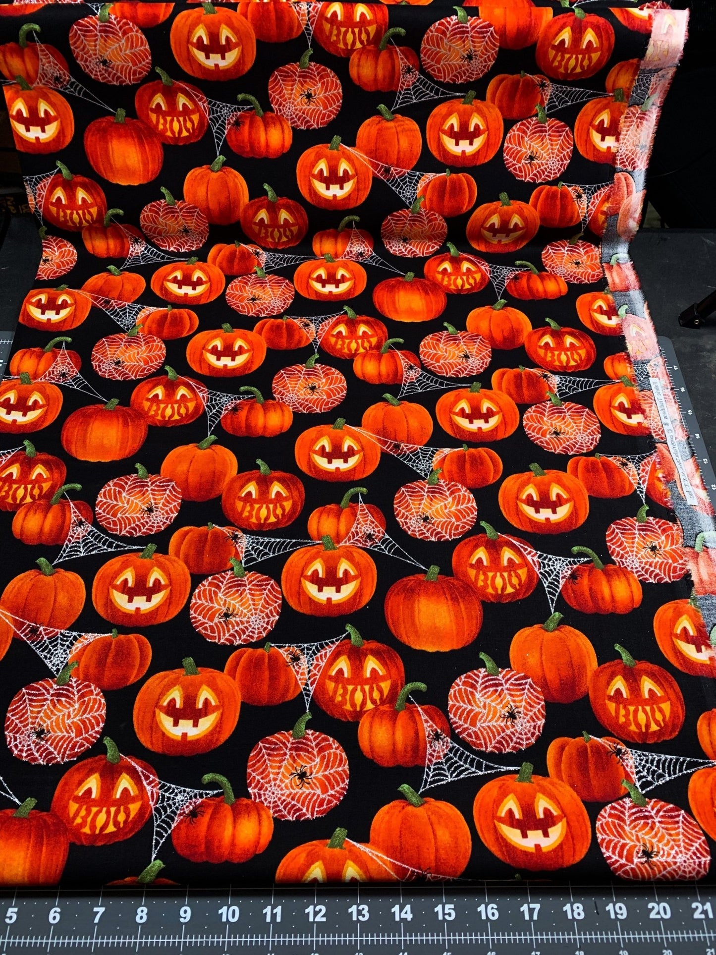 Boo Jack O lantern pumpkin fabric Glitter Silver Web - Mary Jo Fabrics