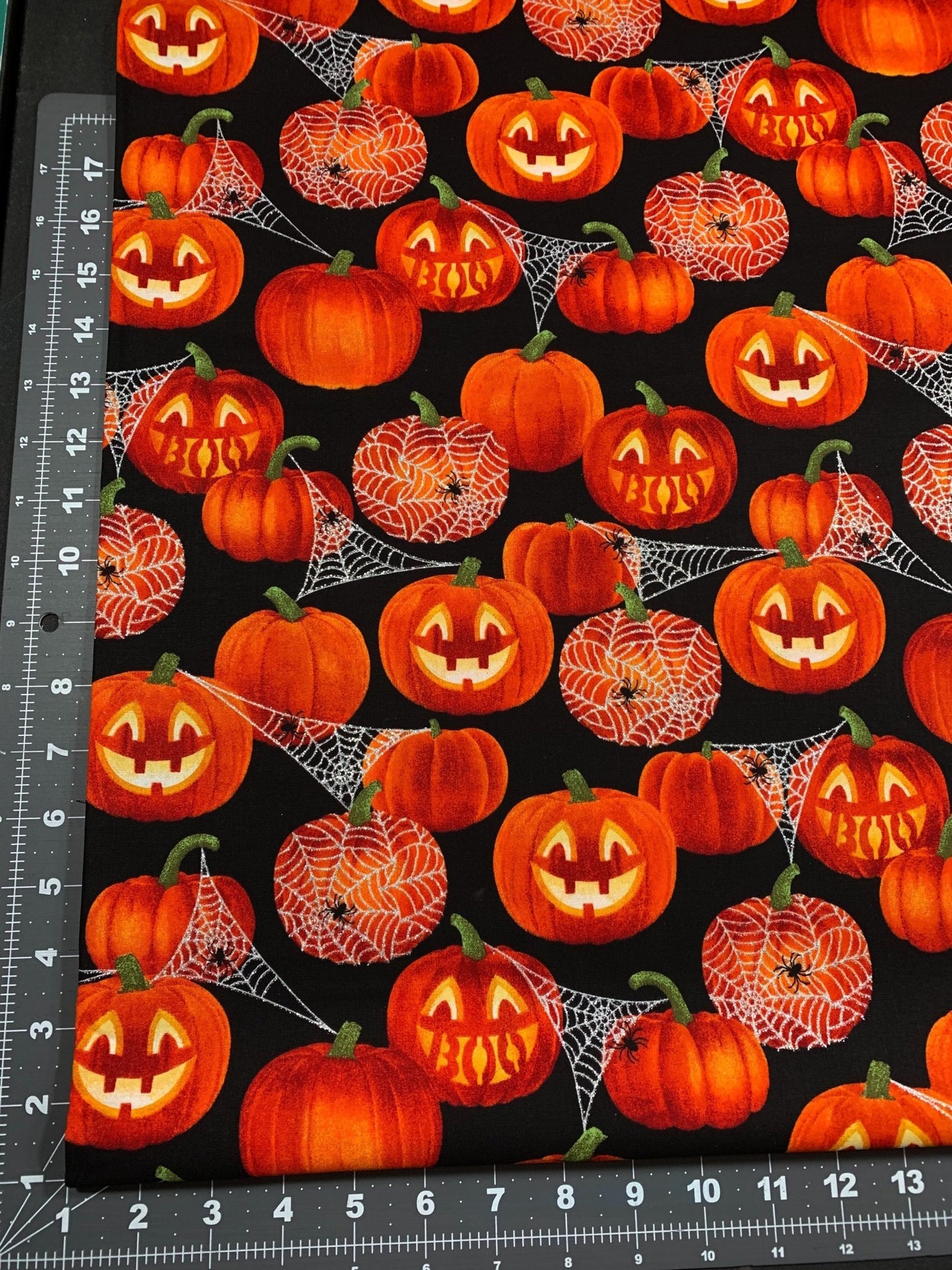 Boo Jack O lantern pumpkin fabric Glitter Silver Web - Mary Jo Fabrics