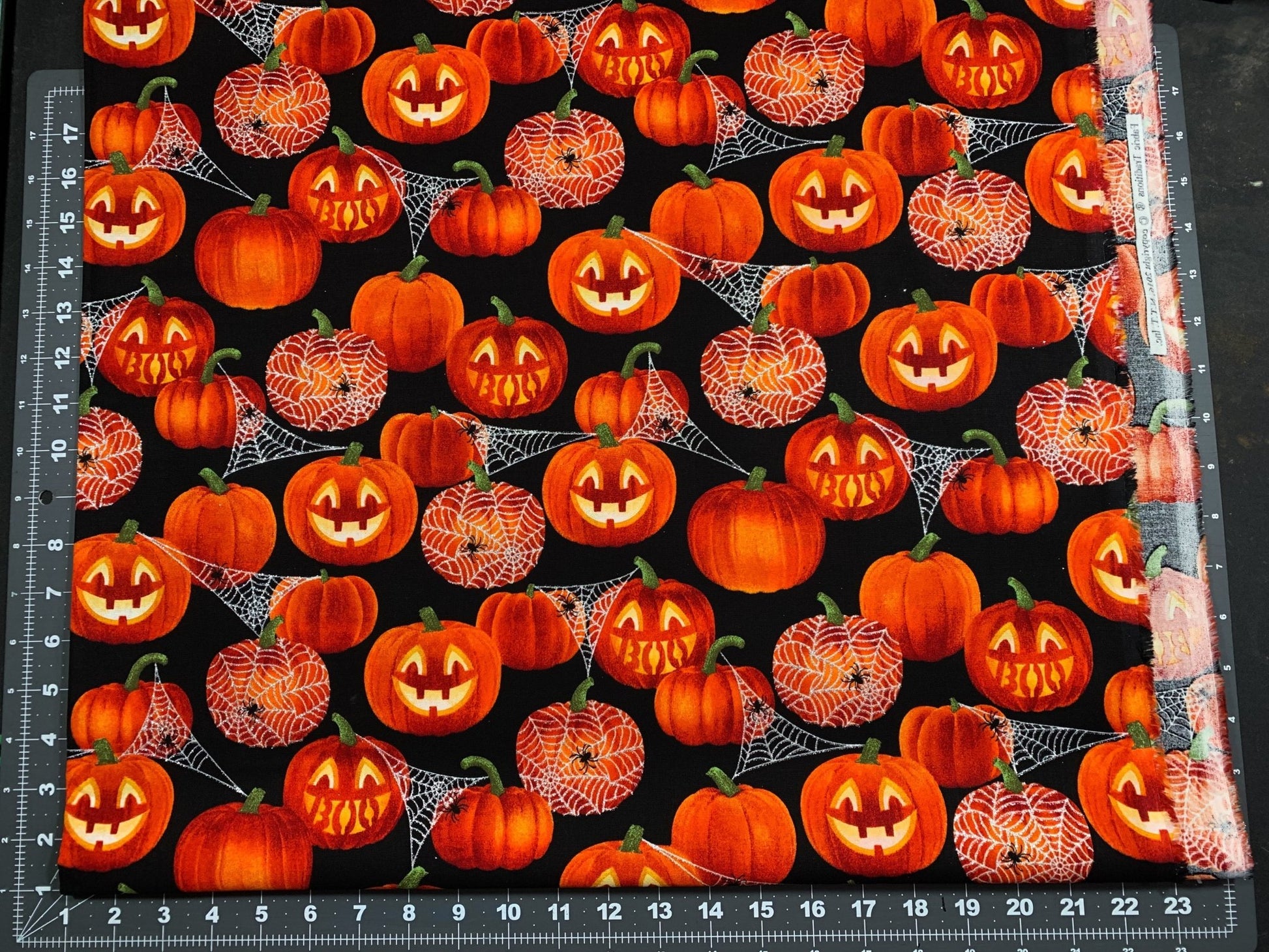 Boo Jack O lantern pumpkin fabric Glitter Silver Web - Mary Jo Fabrics