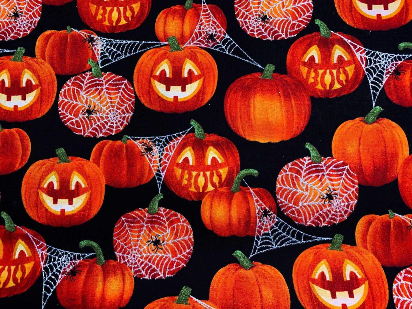 Boo Jack O lantern pumpkin fabric Glitter Silver Web - Mary Jo Fabrics