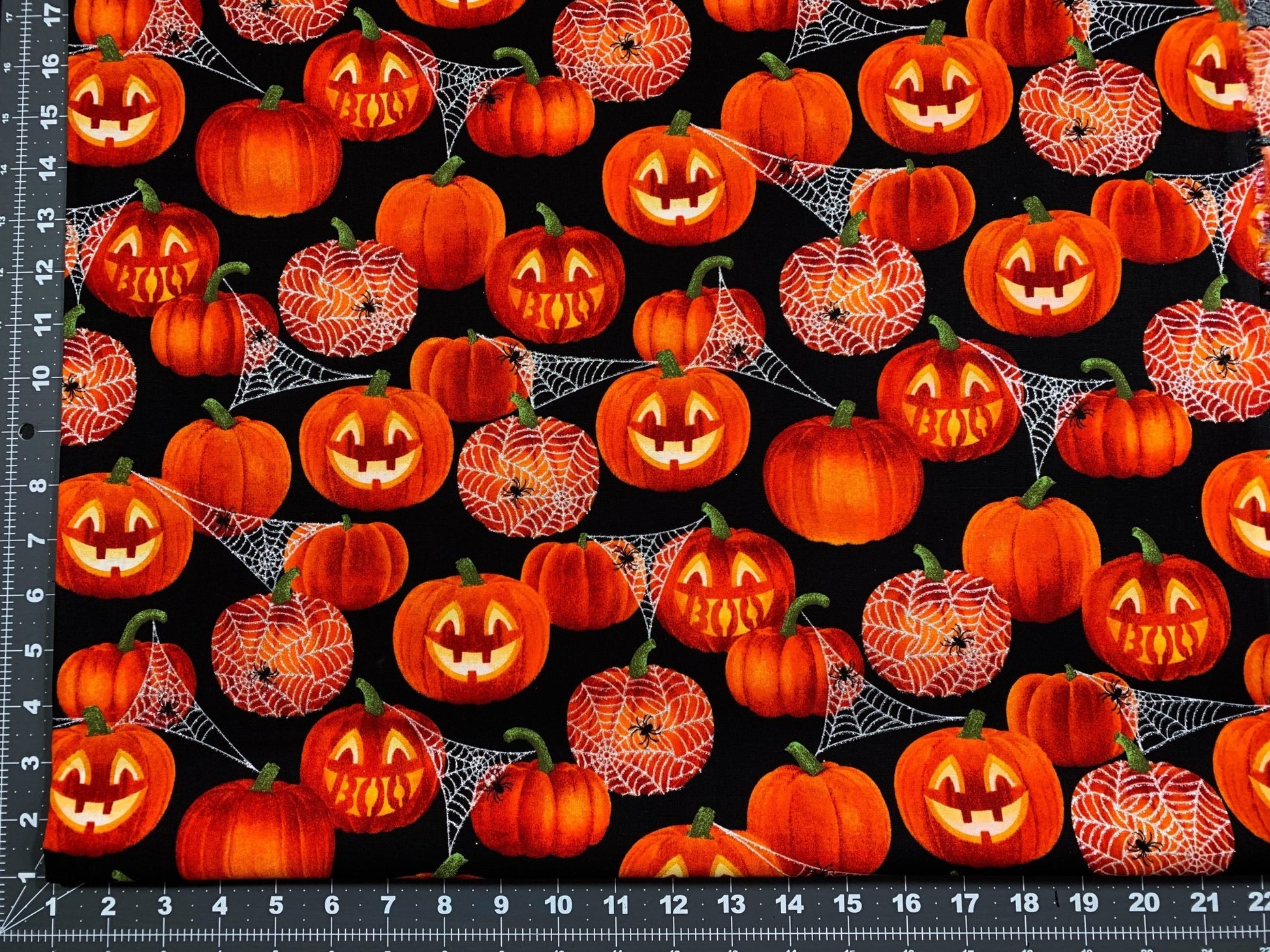 Boo Jack O lantern pumpkin fabric Glitter Silver Web - Mary Jo Fabrics