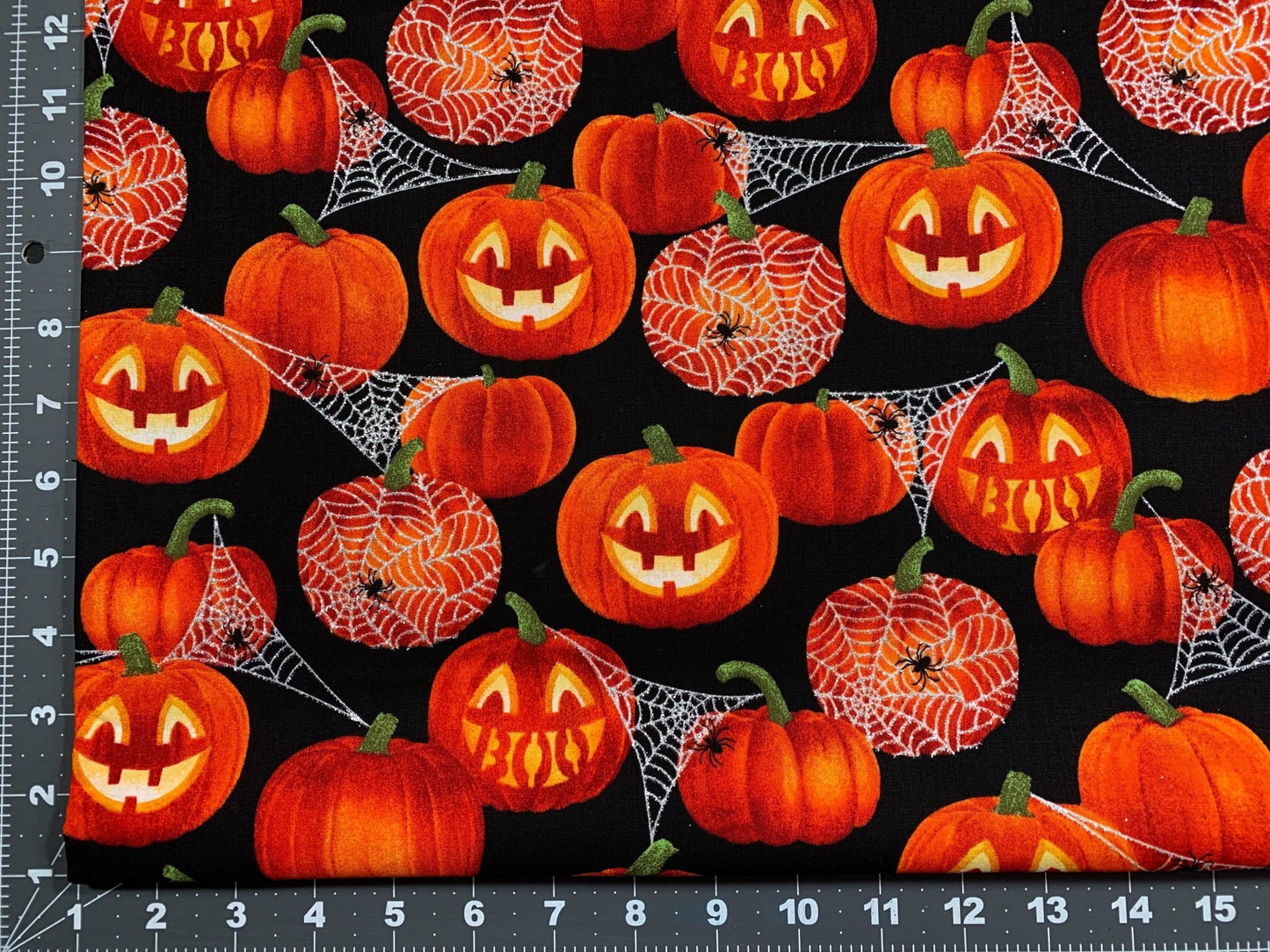 Boo Jack O lantern pumpkin fabric Glitter Silver Web - Mary Jo Fabrics