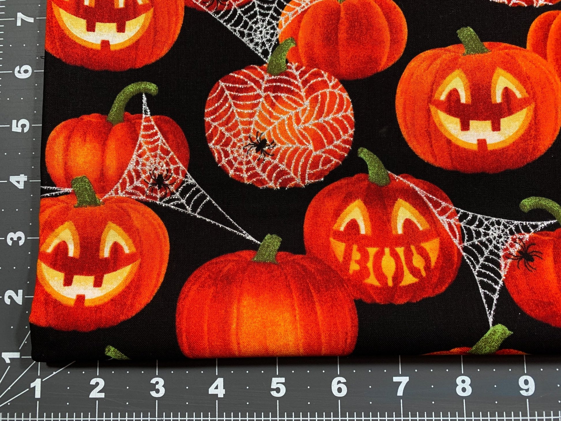 Boo Jack O lantern pumpkin fabric Glitter Silver Web - Mary Jo Fabrics