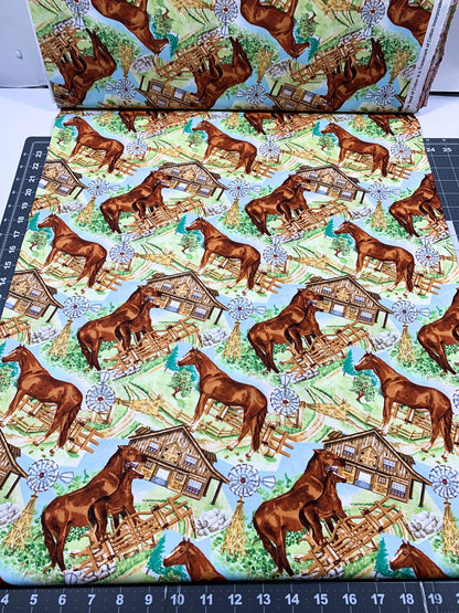 Horse landscape fabric with barn and fence Mary Jo Fabrics