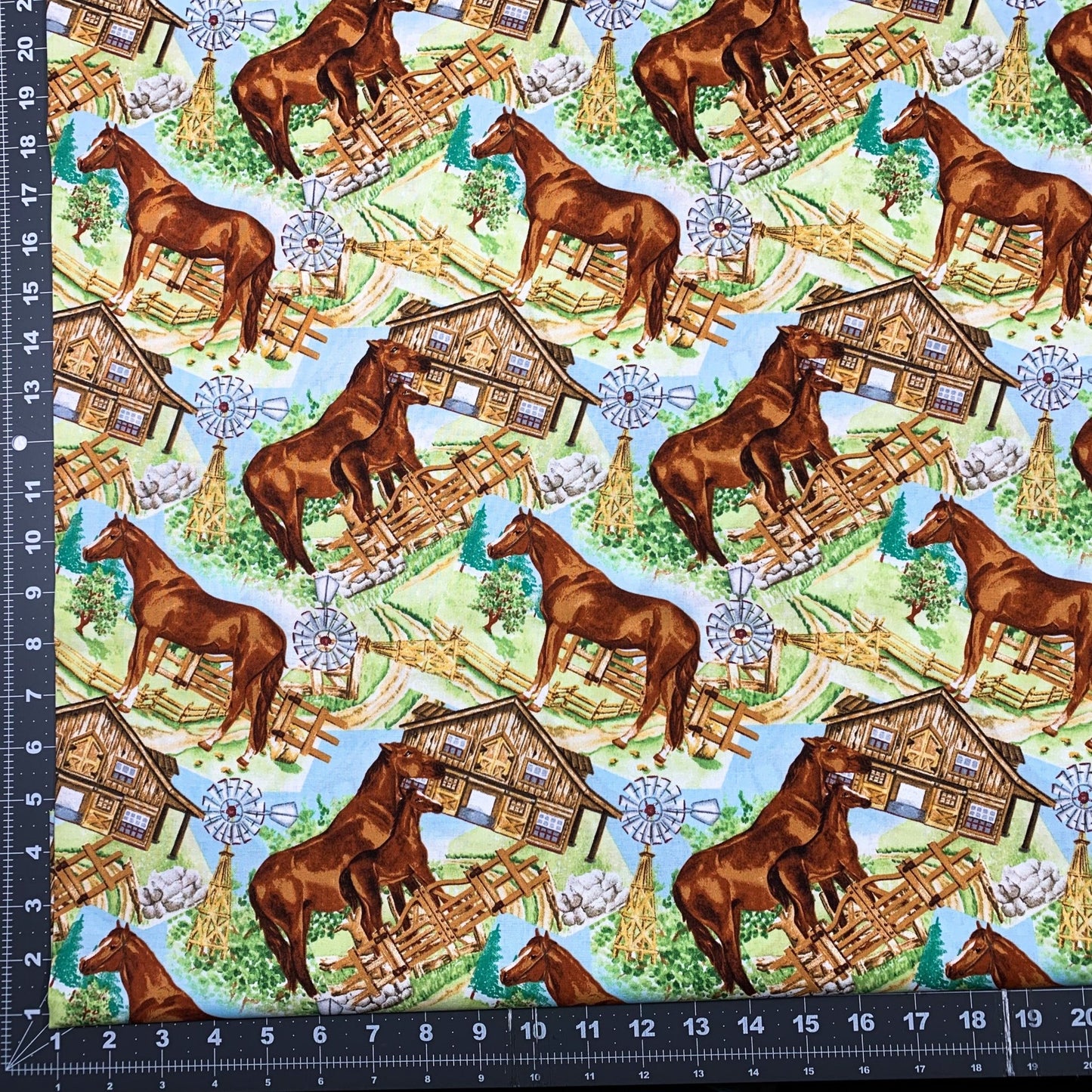 Horse and barn fabric Farmhouse Cotton Mary Jo Fabrics