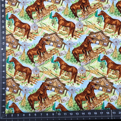 Horse and barn fabric Farmhouse Cotton Mary Jo Fabrics