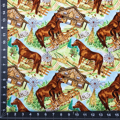 Horse farm cotton fabric Mary Jo Fabrics