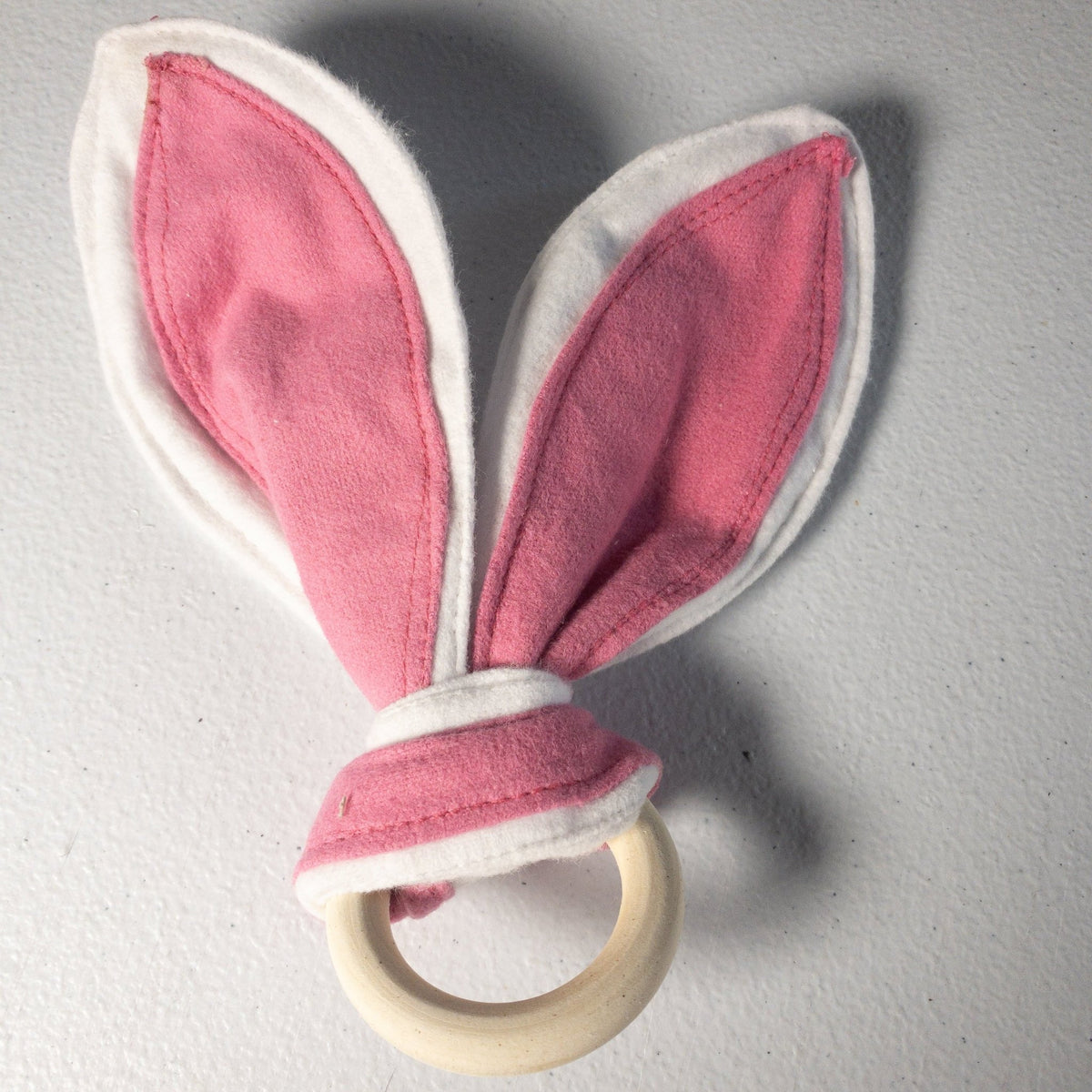 Bunny Ear Baby Teething Ring – Pink & White Fabric with Wooden Ring - Mary Jo Fabrics